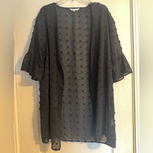 Amaryllis black sheer long Swiss dot open cardigan with ruffle sleeve